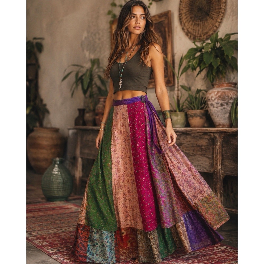 Jedzebel Reversible Silk Blend Wrap Maxi Skirt One Size Patchwork Boho Sari